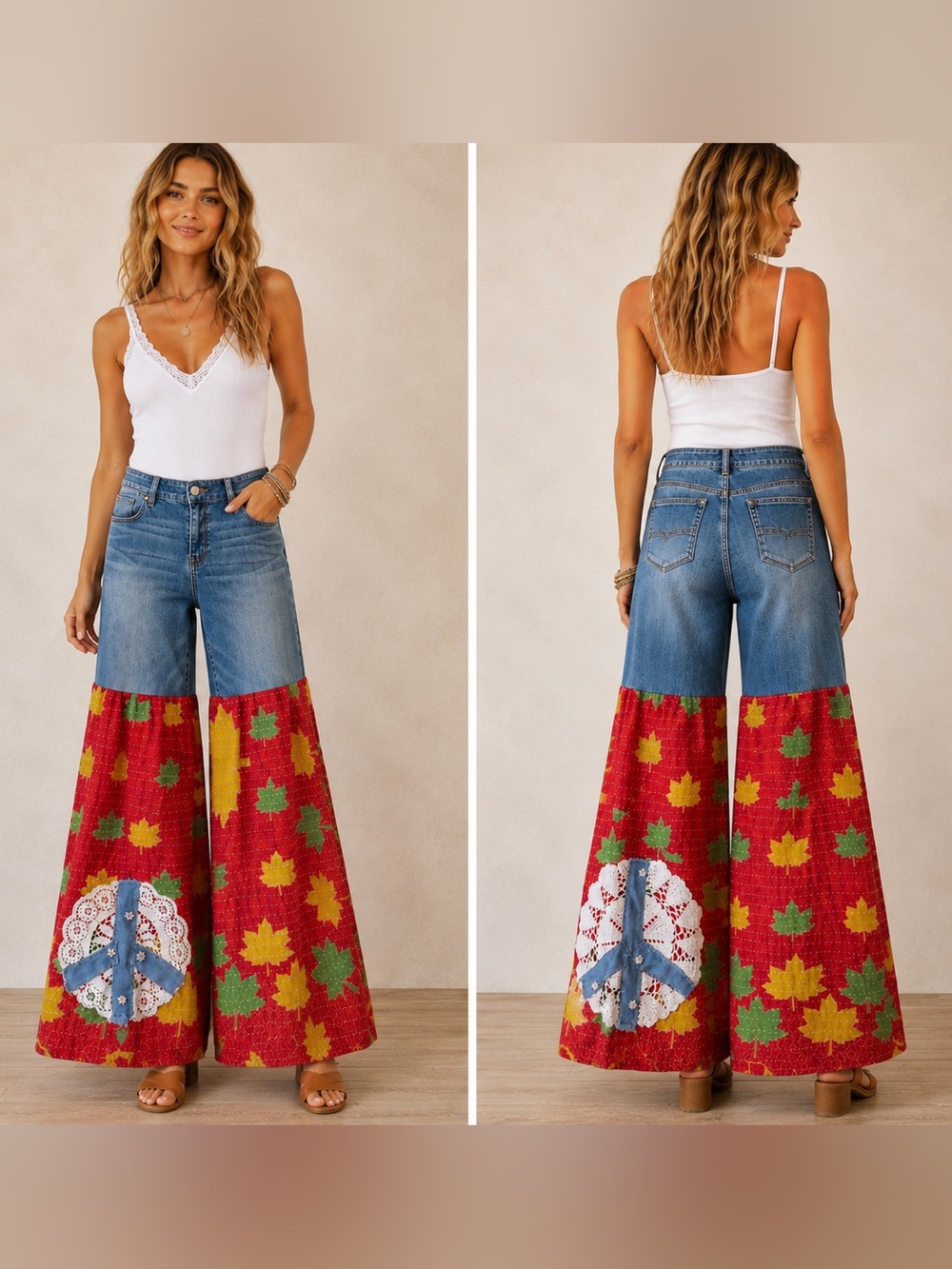 Upcycled jeans with kantha and crochet accents